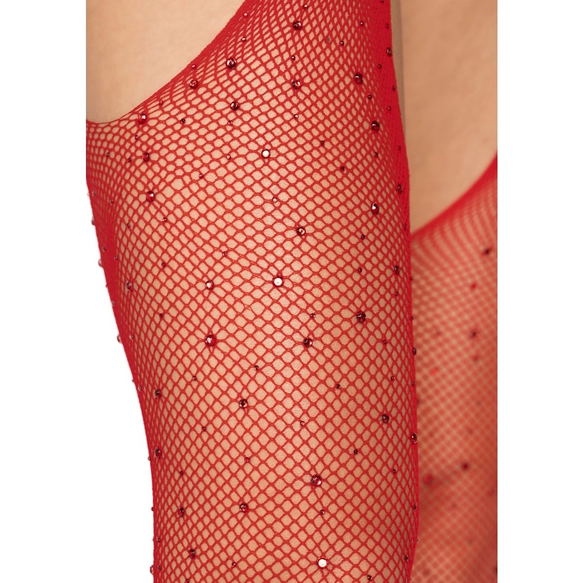 Crystalized Fishnet Suspender Pantyhose Red One Size