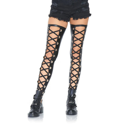 Leg Avenue Wet Look Footless Lace Up Thigh Black M/L