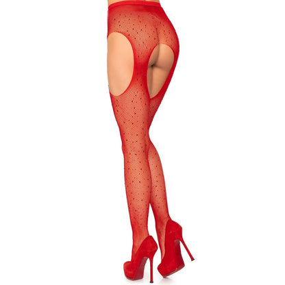 Crystalized Fishnet Suspender Pantyhose Red One Size