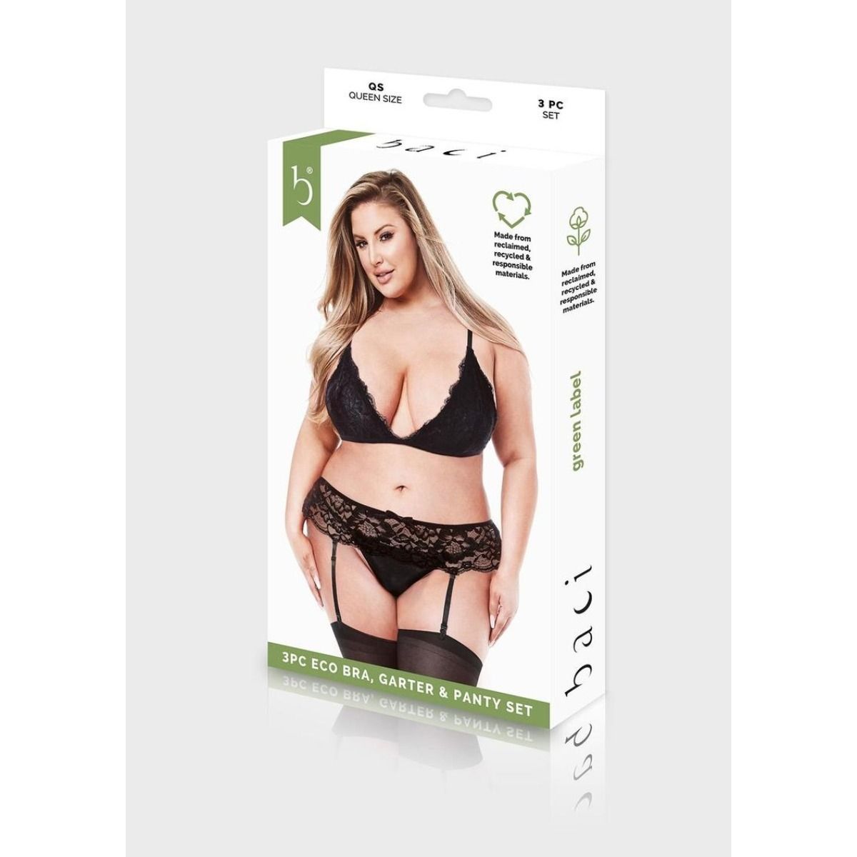 Baci 3 Piece Eco Bra, Garter & Panty Set Black - Queen Size