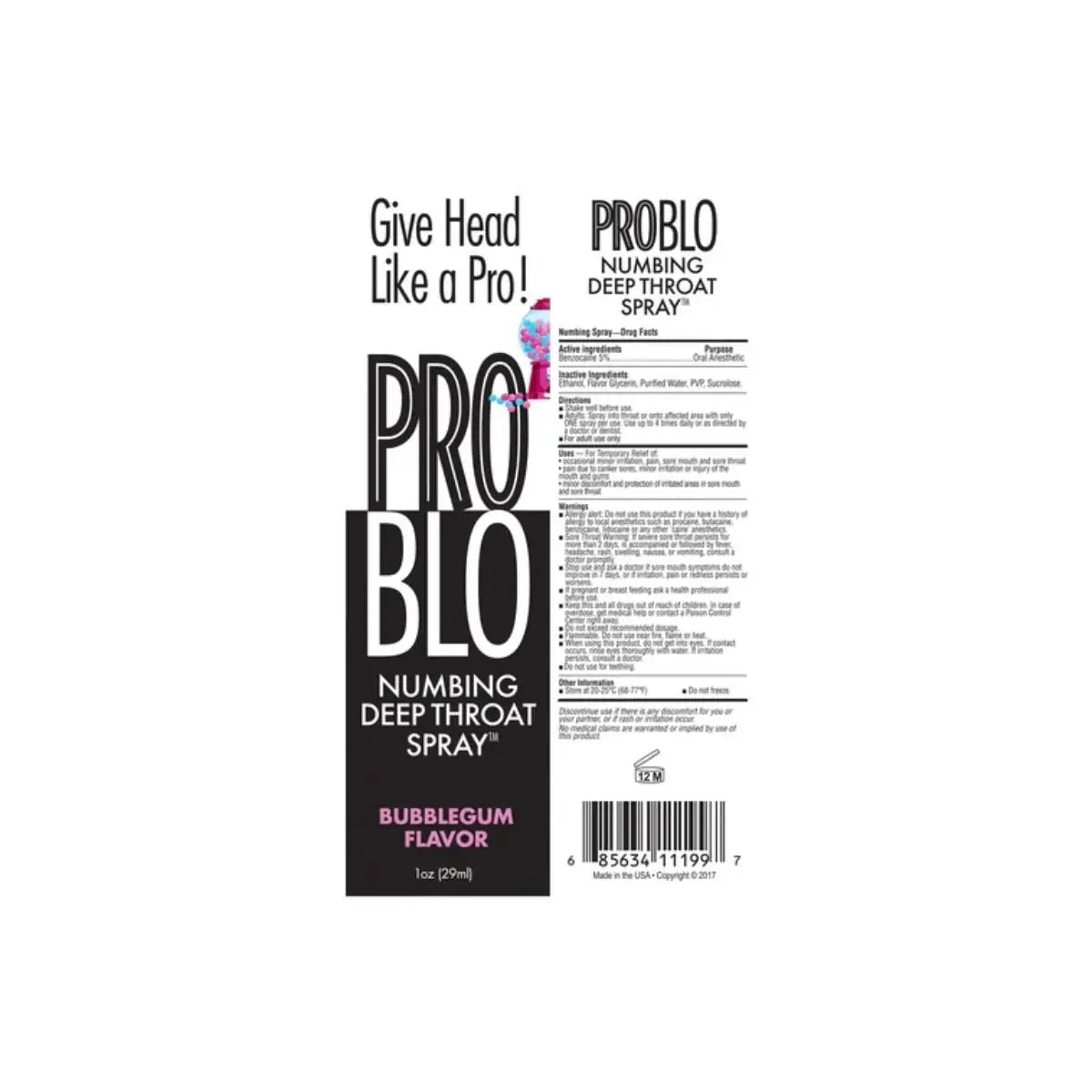 Pro Blo Numbing Deep Throat Spray Bubblegum 1oz